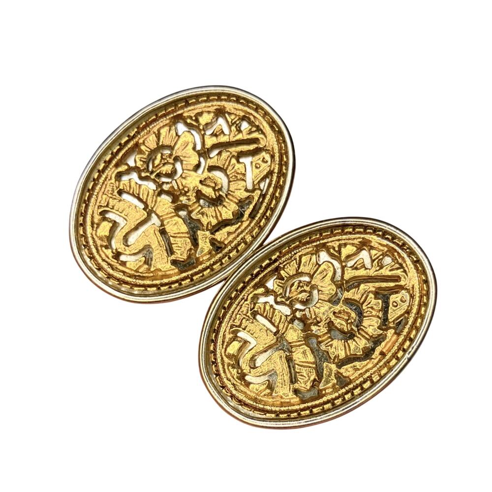 VTG Cut Out Filigree Clip-On Earrings Gold Tone Egyptian Revival Floral 50s-60s